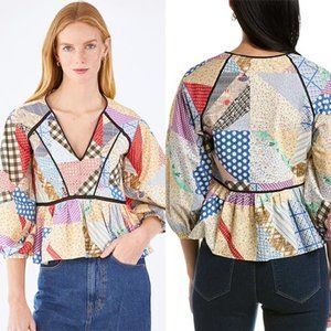 NWT Hunter Bell 3/4 Sleeves Peplum Grayson V-Neck Top Patchwork Multicolor